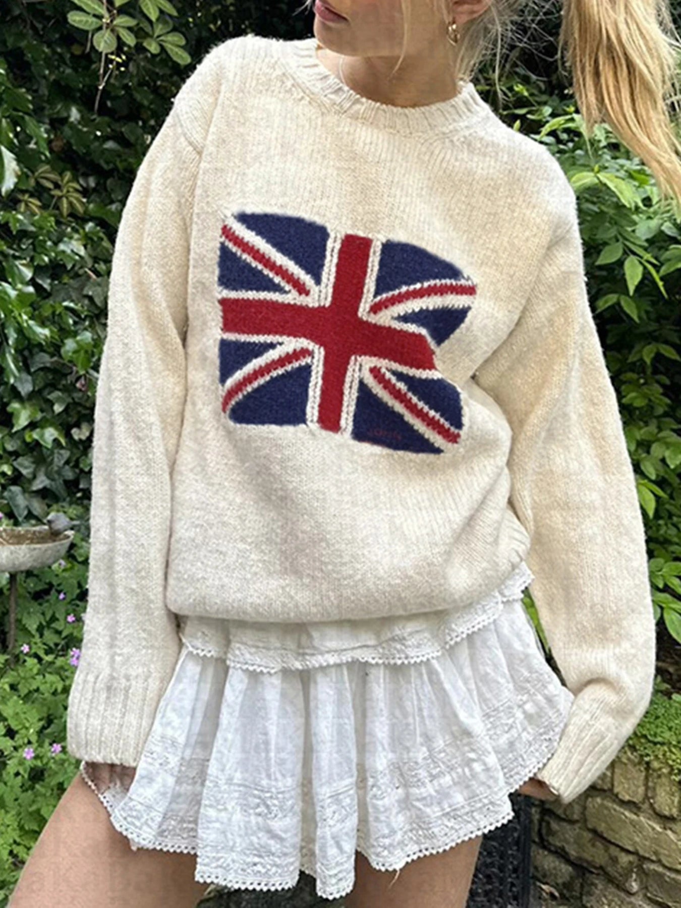Graphic Patchwork Knitted Sweaters Crewneck Loose Crochet Top Pullovers