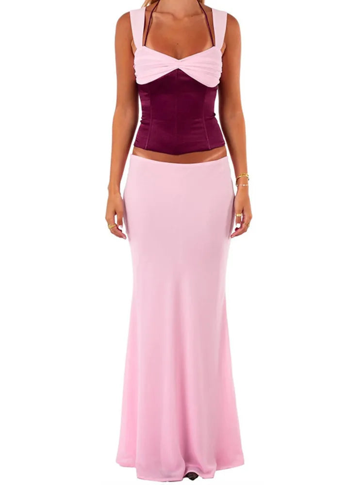 Patchwork Spaghetti Strap Two Piece Sets Skirt Suit Backless Top Long Skirt Slim Street