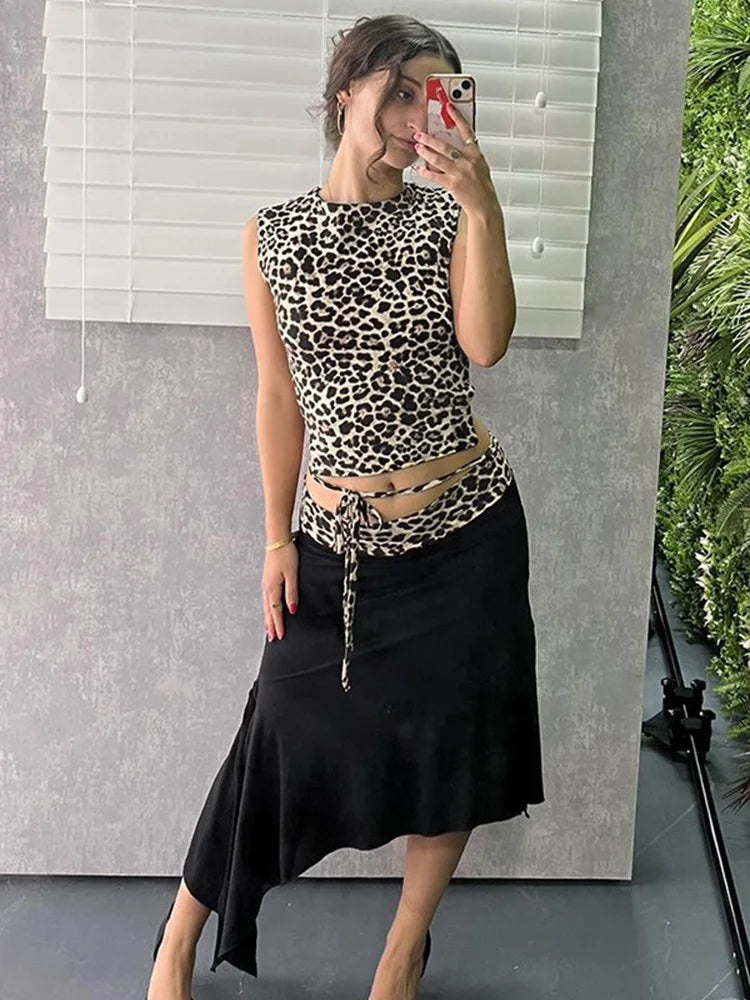 Double Wear Skirt Suit Leopard Lace Up Sleeveless Vest Irregular Splice Skirt Two Pieces Set