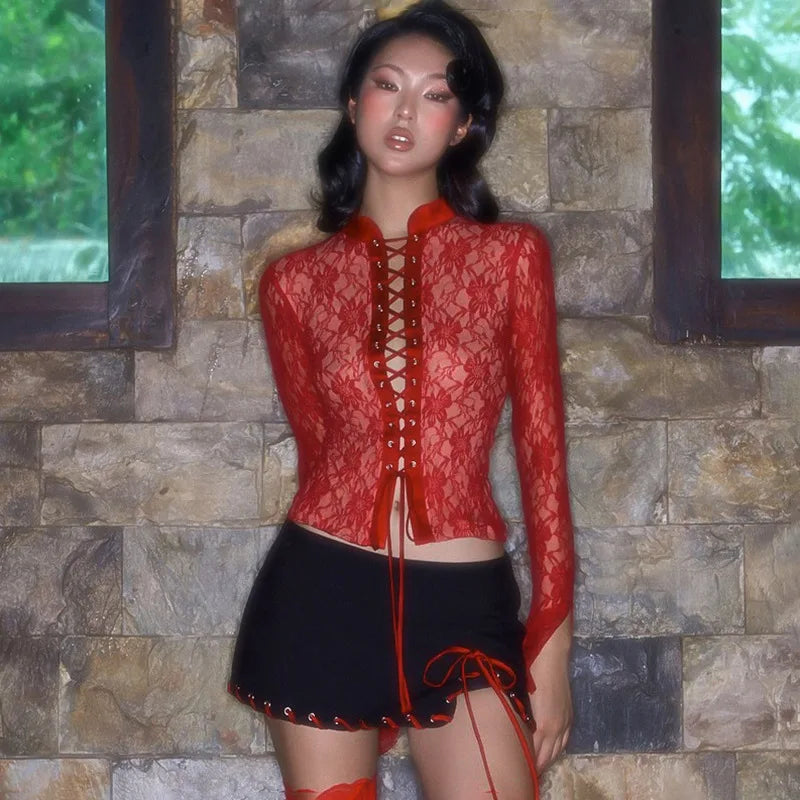 Red See Through Lace Top