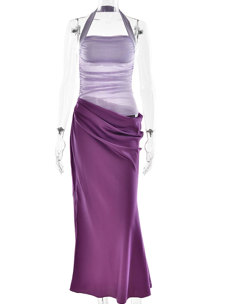 Hollow Out Halter Maxi Dress Coffee See Through Dress Slim