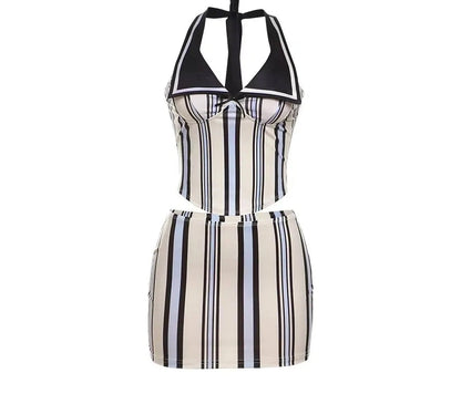 White Striped Backless Two Piece Set