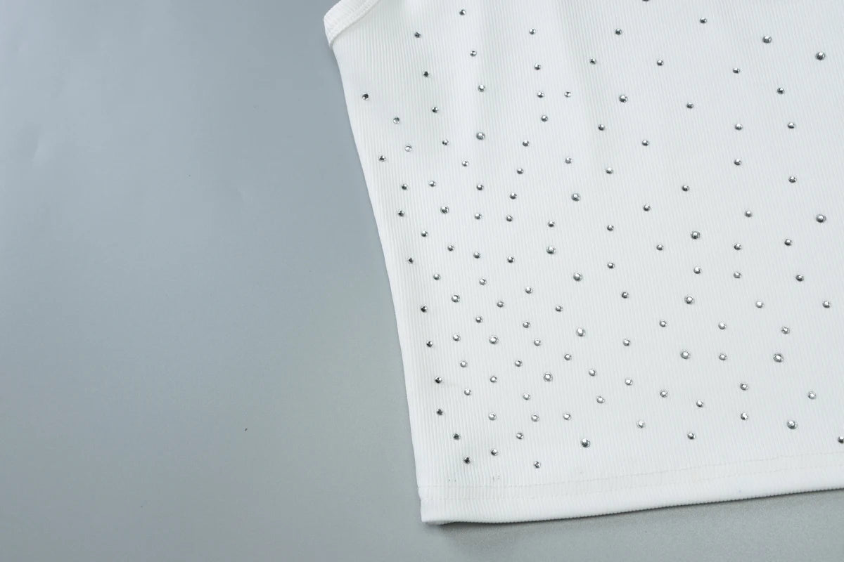 White Square Collar Sleeveless Bodycon Sparkly Crystal Rhinestone Top