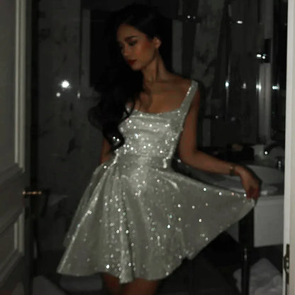 Glittering Silver Silk Mini Dress