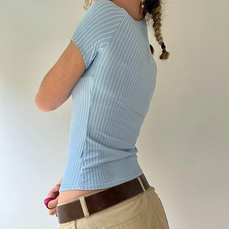 Button Up Tee Shirts Striped Print Short Sleeves 's Top
