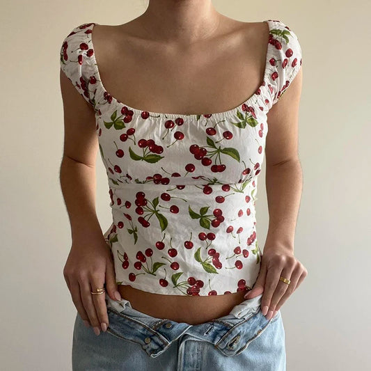 Print Backless Crop Shirts Short Sleeves Crewneck Tee Top