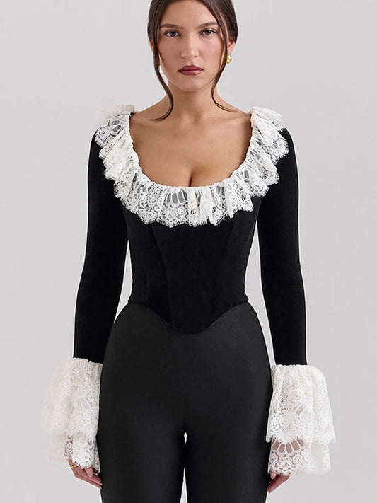 Square Collar Lace T-shirt Patchwork Flare Sleeve Short Tops Femme Slim French Street