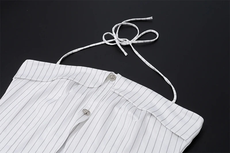 White Striped Halter Button Top