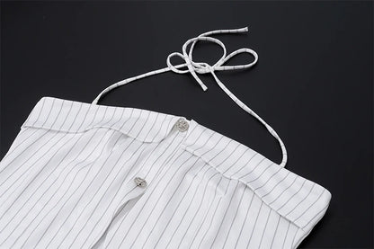 White Striped Halter Button Top