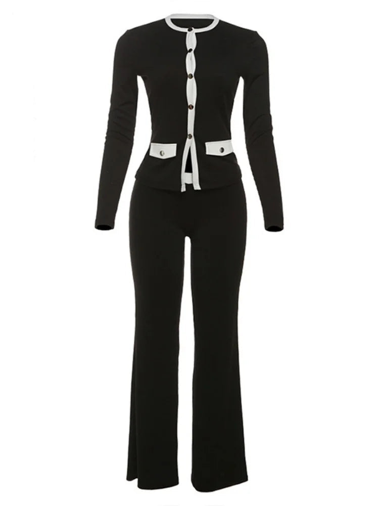 Black Knit Long Sleeve Cardigan and Flare Pants Two Piece Set