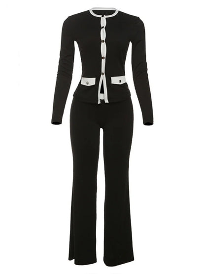 Black Knit Long Sleeve Cardigan and Flare Pants Two Piece Set