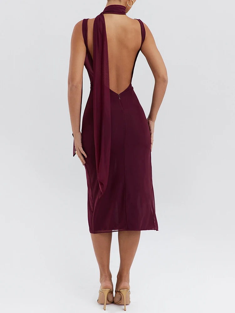 Wine Split Backless Midi Dress