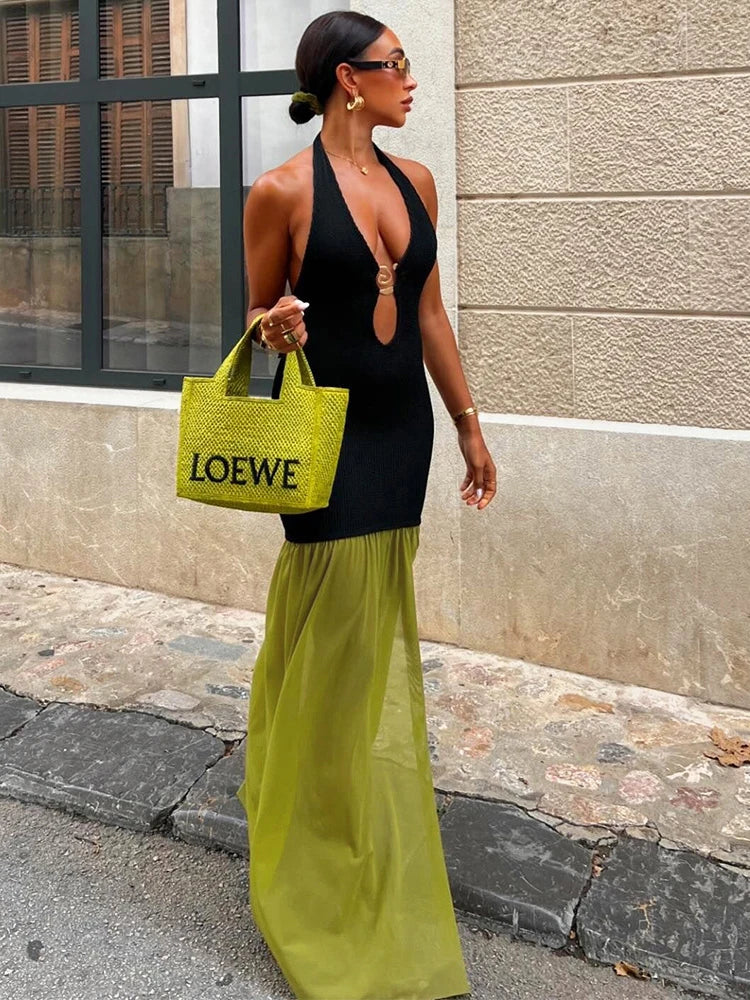 Patchwork V-neck Maxi Dress Black Backless High Waist Dress