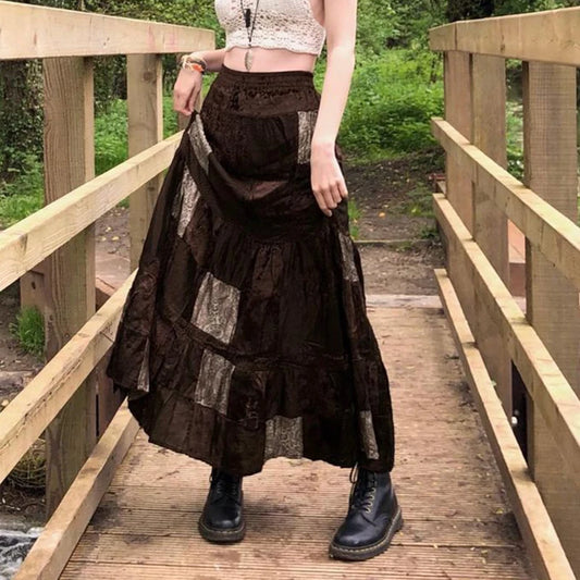 Patchwork Velvet Long Skirts Fairycore Grunge Bottoms Retro Skirts