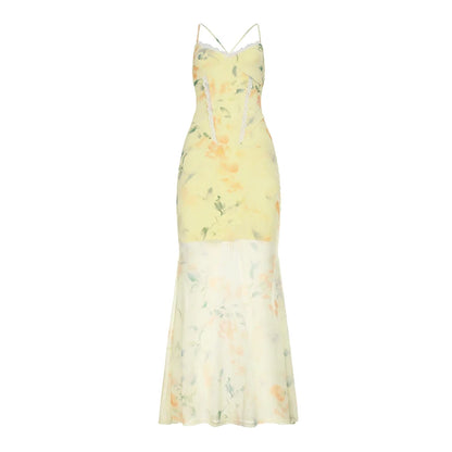 Floral Trumpet Dress with Lace V-Neck Yellow
