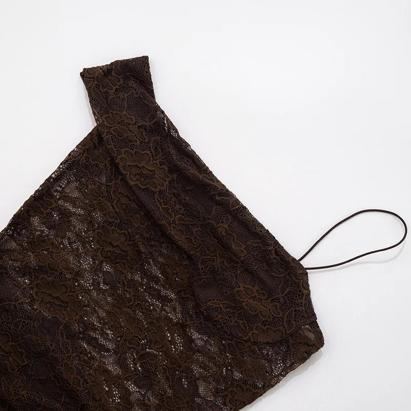 See Through Lace One Shoulder High Slit Maxi Dress