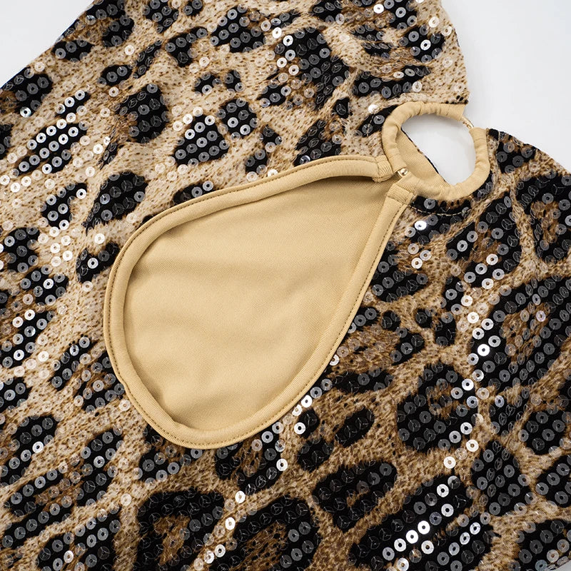 Leopard Sequins strapless Iron Ring Hollow Out Dew Backpack Hip Slim Dress