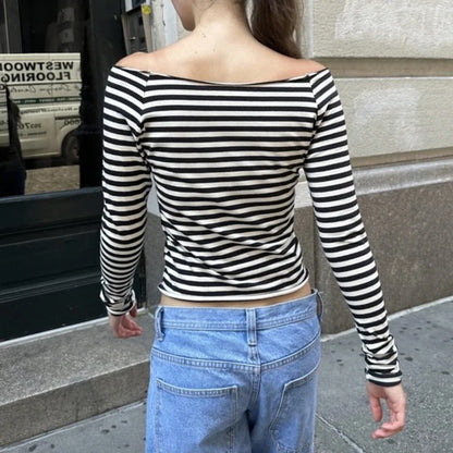 Slah Neck Striped Long Sleeve Crop Top