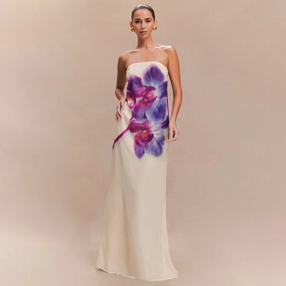 S Floral Print Long Dress - Strapless Sleeveless Backless