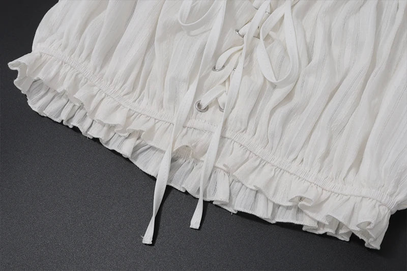 White Off Shoulder Ruffle Puff Short Sleeve Crop Top
