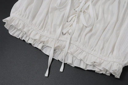 White Off Shoulder Ruffle Puff Short Sleeve Crop Top