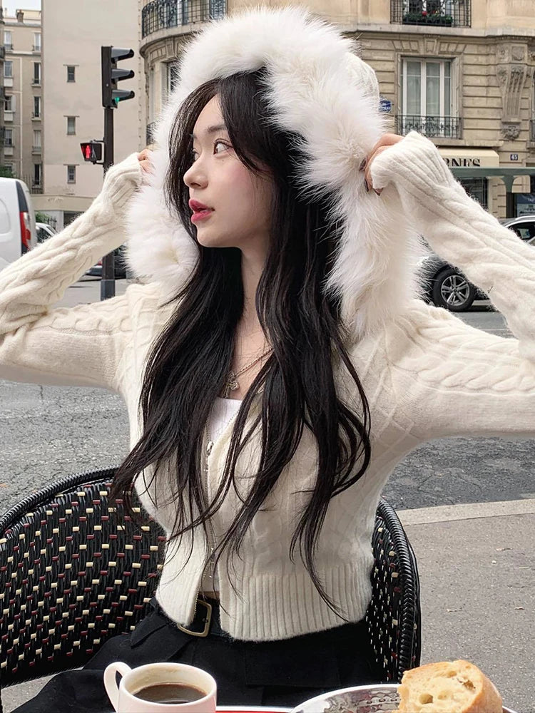 Zip Up Hoodie Coat with Fur Neck