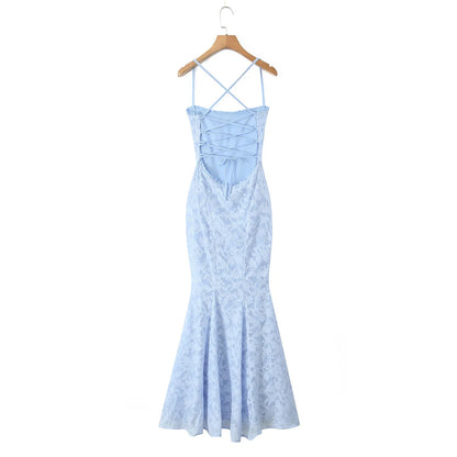 Square Neck Backless Suspender Dress with Fish Tail