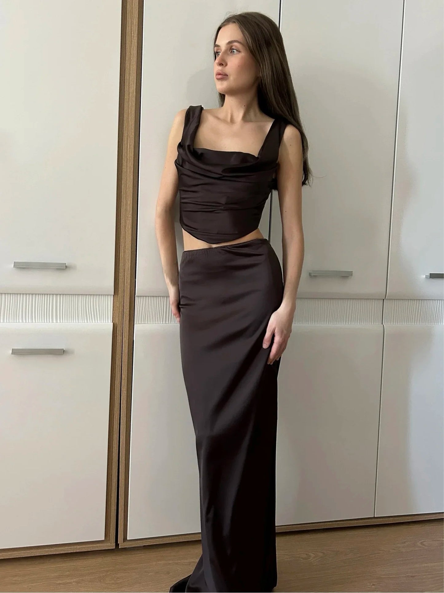 Satin Bodycon Corset Top Skirt Set