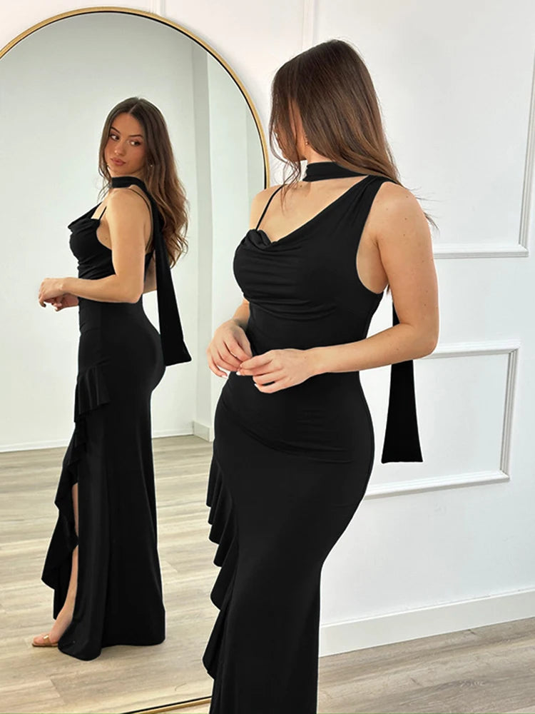 V Neck Long Dress Halter Neck Ruch Suspender Dress With Ribbon Dress High Slit Sleeveless