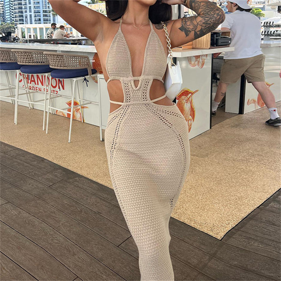 Halter Tie-up Knit Crochet Dress Backless Sleeveless Deep V Cutout Waist Wrapped Bodycon Dress
