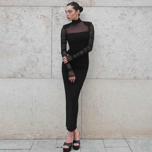 Meh See Through Sheath Dress Long Sleeve Collar Bodycon