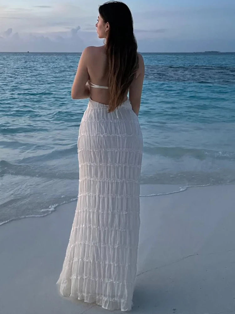 Backless See Through Halter Maxi Dress Sleeveless High Waist Dress Loose