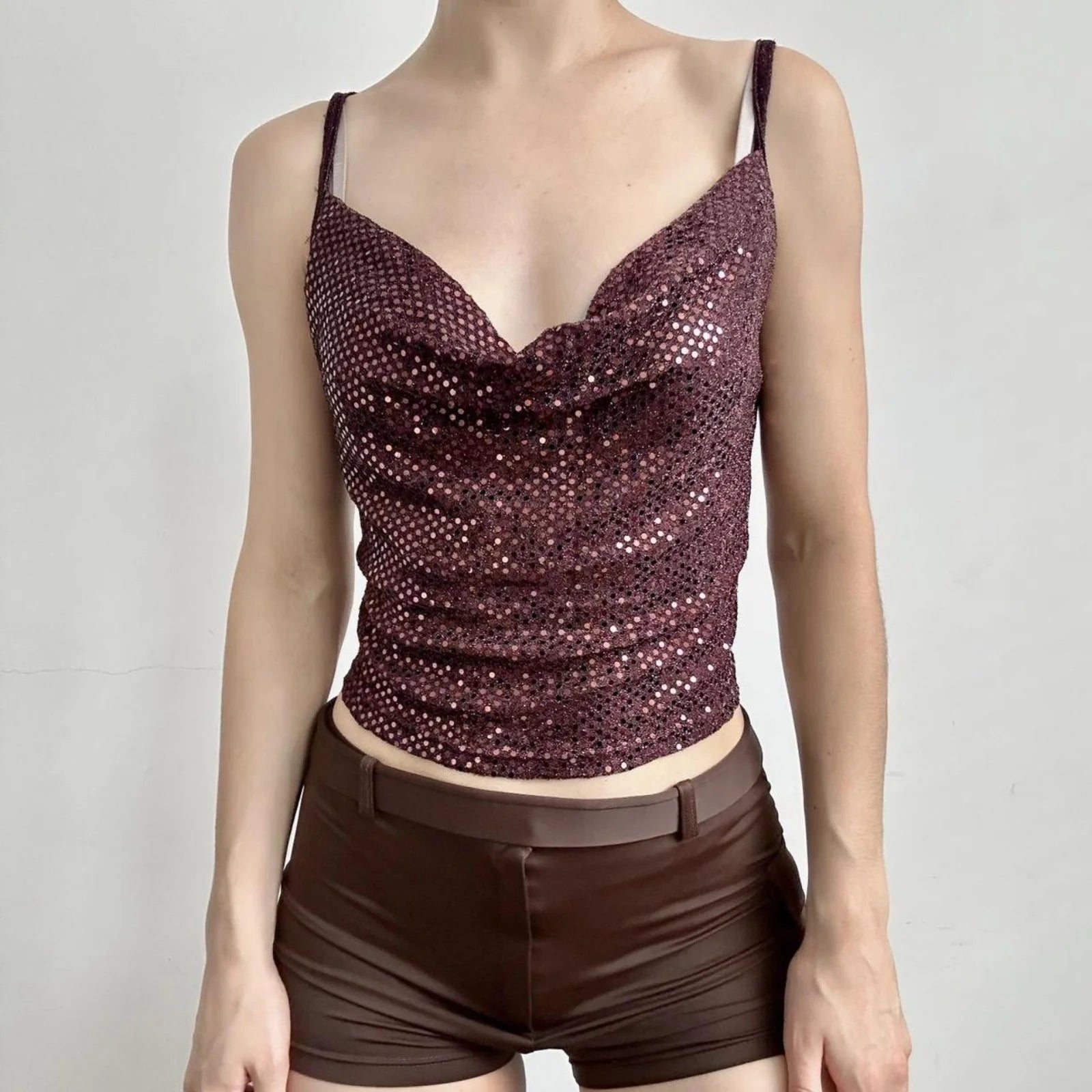 Red Sequins V-Neck Slim Backless Tank Top
