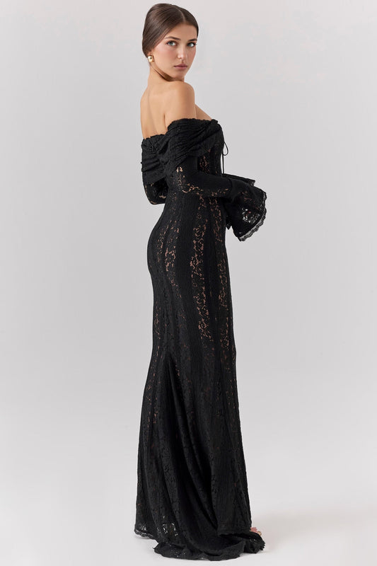 Black Bodycon Long Sleeve Lace Maxi Dress