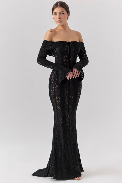 Black Bodycon Long Sleeve Lace Maxi Dress