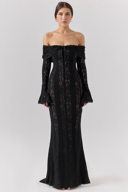 Black Bodycon Long Sleeve Lace Maxi Dress