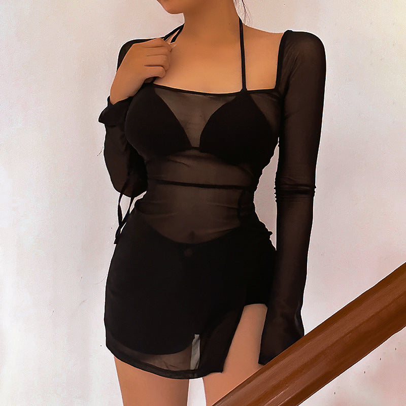 See-through Sexy Mesh Long Sleeve Slit Short Dress