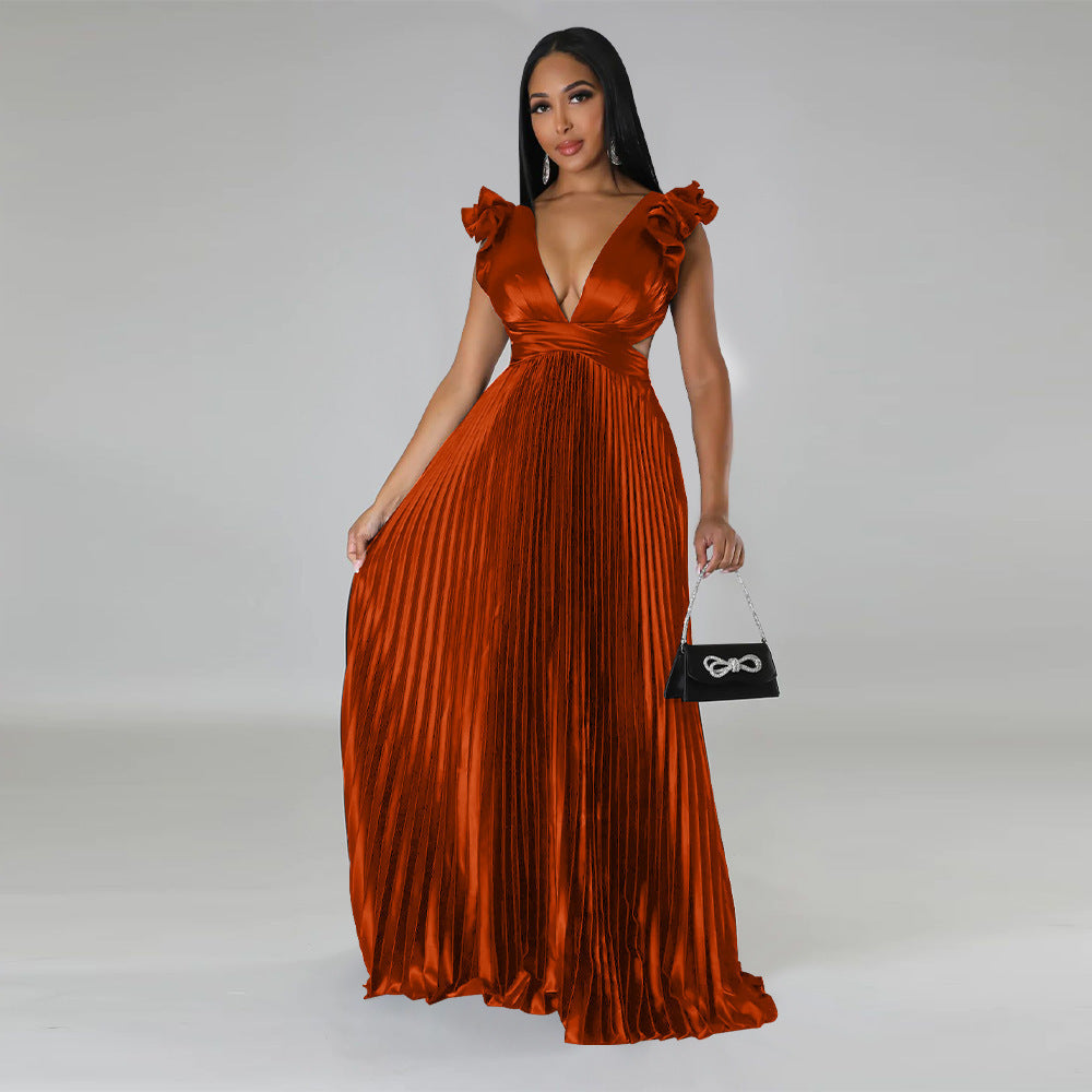 Faux Silk Back Deep V Pleated Dress