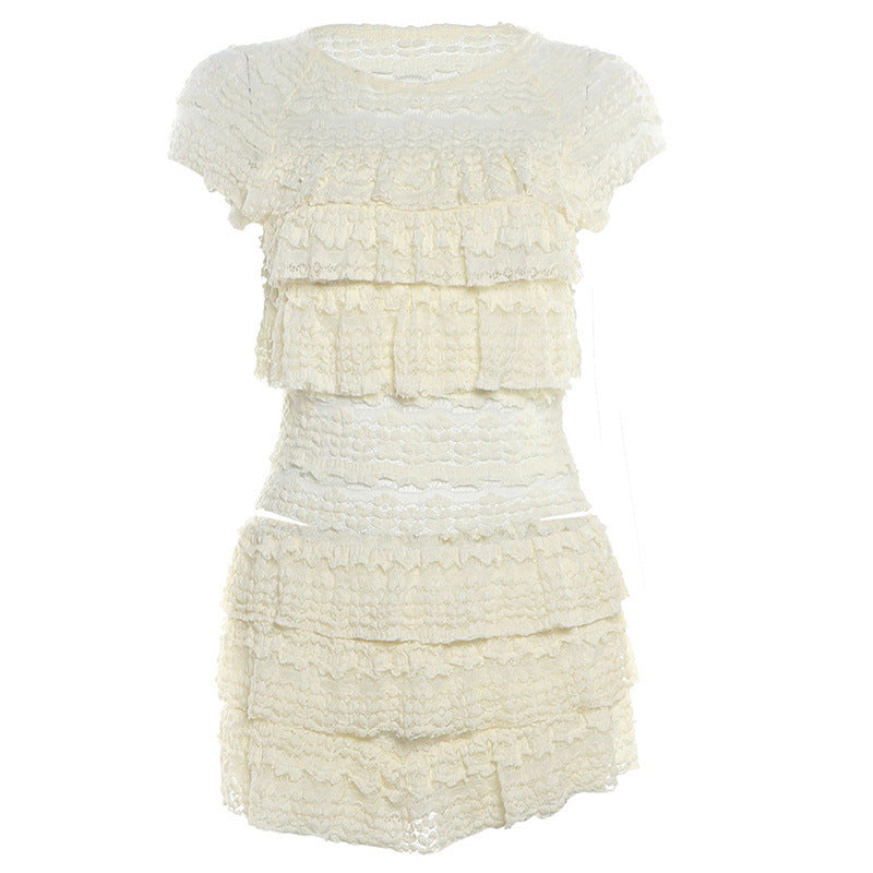 European And American Fashion Sweet Hot Girl Solid Color Hollow Slim Pleated Shorts Suit