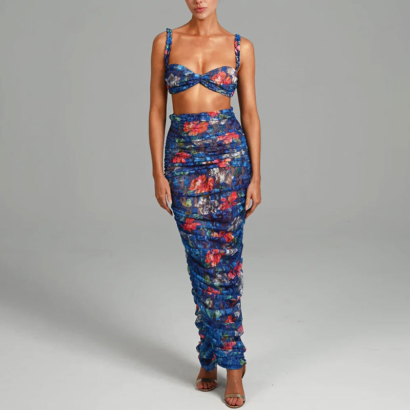 Fashion Printed Sling Backless Pleated Dress Suit