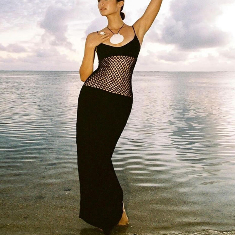 Ladies' Mesh Splicing Sling Long Dress