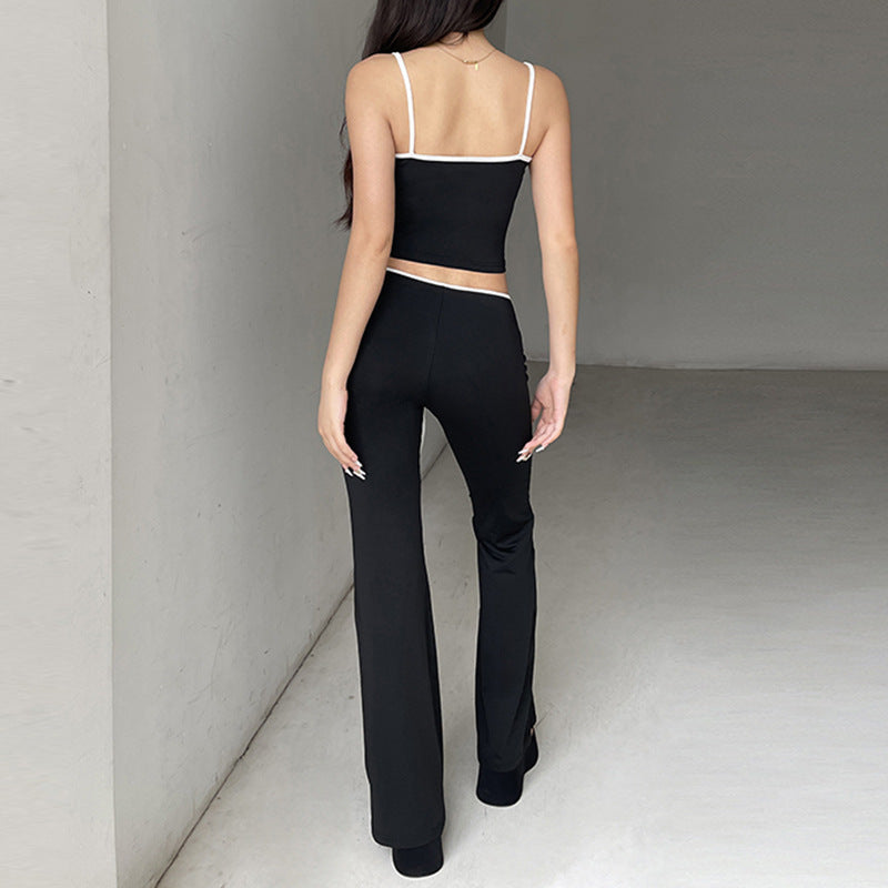Contrast Color Lace-up Bow Suspenders Trousers Suit Two-piece Set