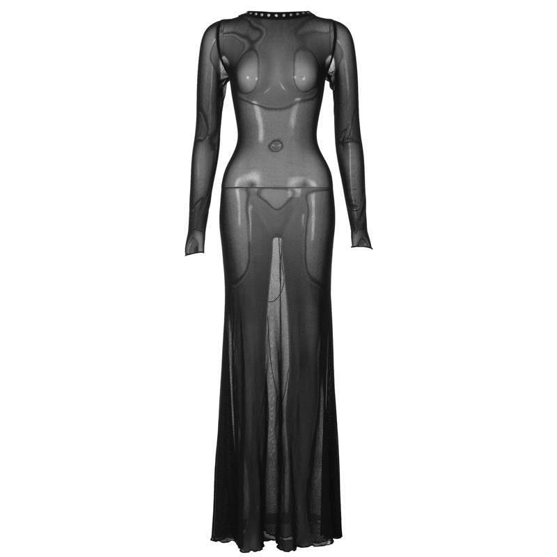 Autumn Women's Clothing Sexy Mesh Backless Lace Up Sleeve Super Long Dress