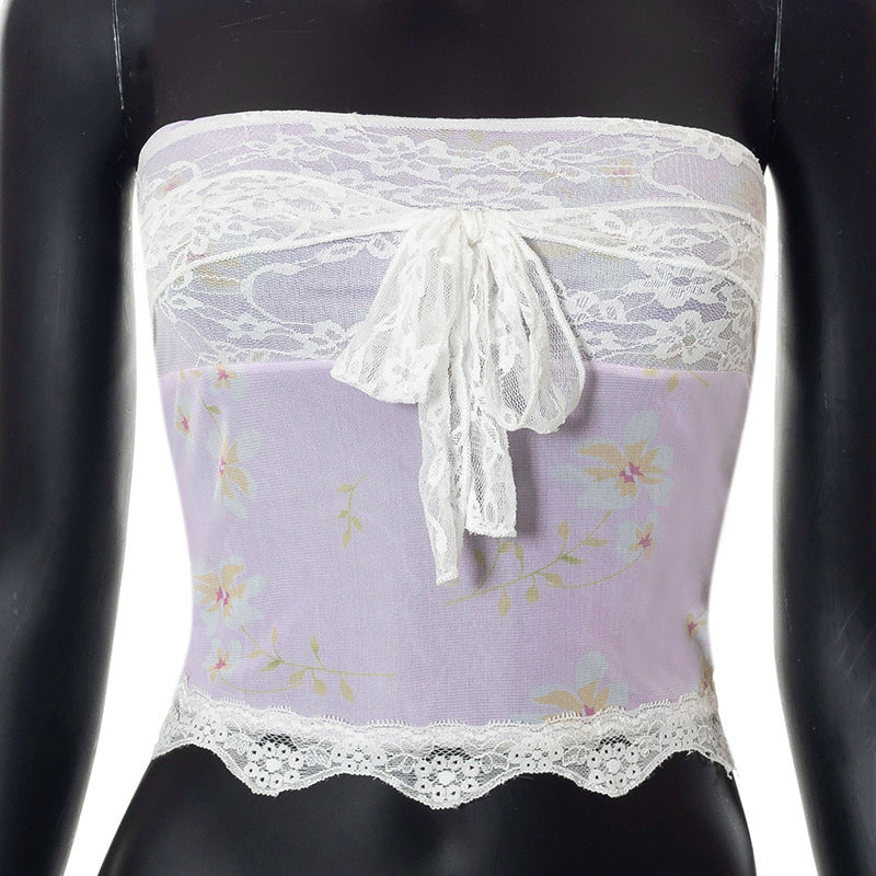 Sleeveless Printed Lace Umbilicus Lace-up European And American Women's Blouse