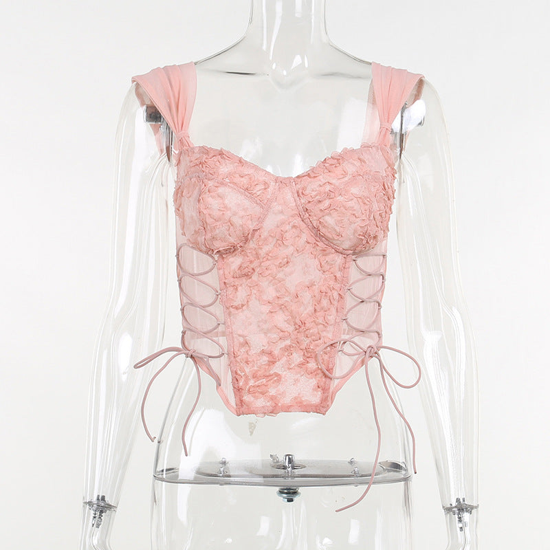 Pure Desire Lace Pattern Perspective Shows Thin Sexy Waist Fashion Top