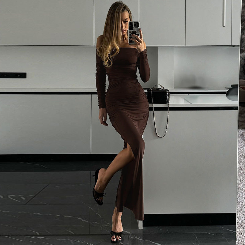 Women's Off-shoulder Off-the-shoulder Collar Tight Pleated Split Dress