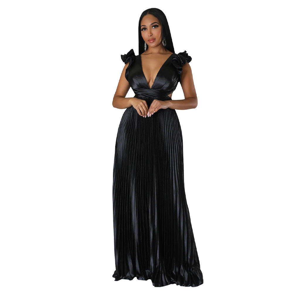 Faux Silk Back Deep V Pleated Dress