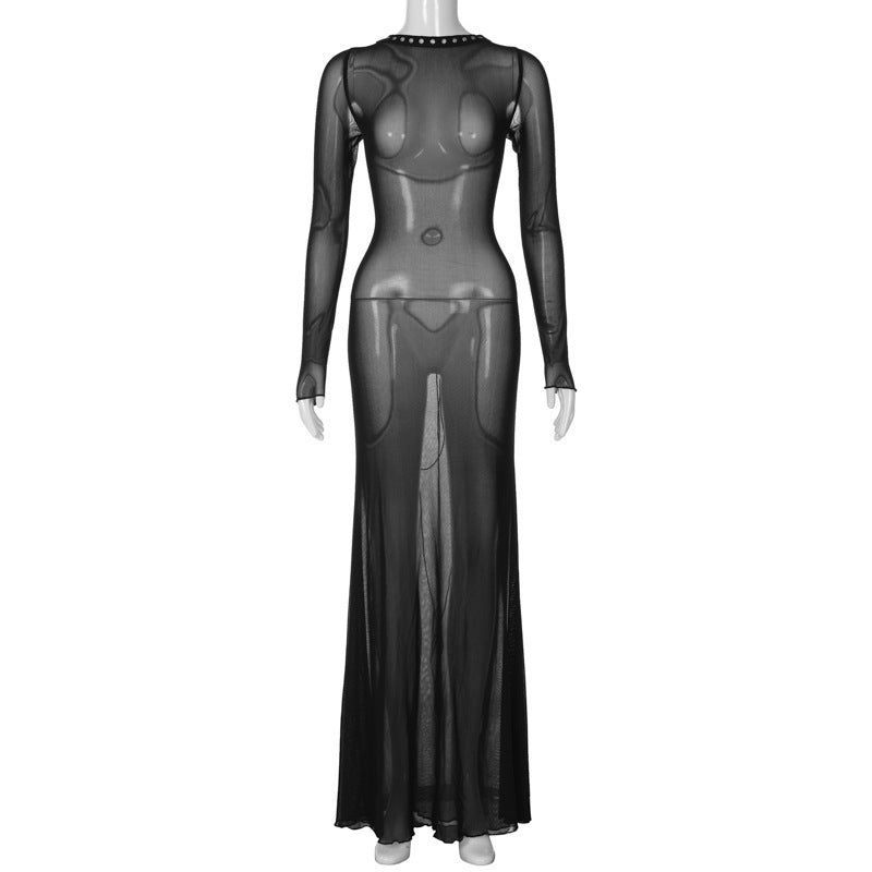 Autumn Women's Clothing Sexy Mesh Backless Lace Up Sleeve Super Long Dress