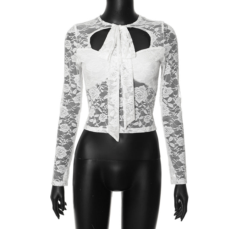 Solid Color Lace Long Sleeve Tied Hollow Top