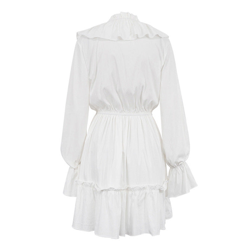 Lady Temperament Commuter Deep V-neck Design Pleating Bell Sleeve Ruffles White Waisted Dress